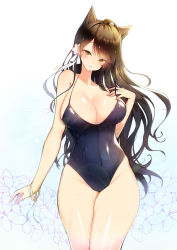 Rule 34 | 1girl, animal ears, atago (azur lane), azur lane, bad id, bad pixiv id, black hair, blush, bow, bracelet, breasts, brown eyes, cleavage, covered navel, extra ears, jewelry, large breasts, long hair, looking at viewer, mole, mole under eye, one-piece swimsuit, ribbon, solo, swept bangs, swimsuit, tp (kido 94), white bow, white ribbon