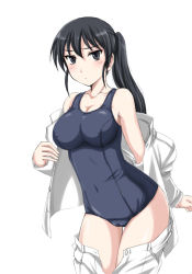Rule 34 | 1girl, bare shoulders, black eyes, black hair, breasts, cameltoe, cleft of venus, collarbone, commentary request, covered erect nipples, cowboy shot, highres, large breasts, leaning forward, long hair, looking at viewer, one-piece swimsuit, ponytail, sakamoto mio, school swimsuit, shirt, simple background, solo, strike witches, strike witches zero, swimsuit, swimsuit under clothes, thigh gap, undressing, wan&#039;yan aguda, white background, white shirt, world witches series