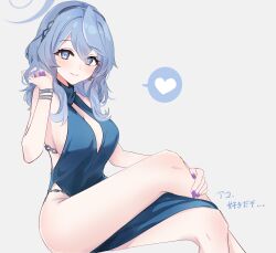 Rule 34 | 1girl, absurdres, ako (blue archive), ako (dress) (blue archive), blue archive, blue dress, blue eyes, blue hair, blue hairband, blue halo, bracelet, breasts, closed mouth, cowboy shot, crossed legs, dress, earrings, hairband, halo, hand up, heart, highres, jewelry, large breasts, long hair, looking at viewer, mutsu 6256, official alternate costume, plunging neckline, purple nails, sideboob, sideless dress, simple background, sitting, sleeveless, sleeveless dress, smile, solo, speech bubble, white background