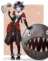 Rule 34 | aakhem, absurdres, black dress, black footwear, black gloves, black hair, blood, bloodshot eyes, blue eyes, boots, breasts, brooch, chain chomp, chain, choker, cleavage, cuffs, dress, elbow gloves, fang, gloves, highres, jewelry, jitome, looking at viewer, mushroom, navel, nintendo, pointing, princess chain chomp, red dress, shackles, super crown, thigh boots, thighhighs, zettai ryouiki