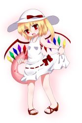 Rule 34 | 1girl, alternate costume, bad id, bad pixiv id, blonde hair, bracelet, collarbone, fang, female focus, flandre scarlet, full body, gradient background, hat, hat ribbon, highres, innertube, jewelry, looking at viewer, no socks, open mouth, red eyes, ribbon, sandals, short hair, side ponytail, simple background, skirt, skirt hold, solo, standing, swim ring, tank top, touhou, wings, yuikuroneko