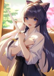 Rule 34 | 1girl, :d, bad id, bad pixiv id, blurry, blurry background, bow, cherry blossoms, fu-hun, hair bow, holding, honkai (series), honkai impact 3rd, japanese clothes, kendo, long hair, looking at viewer, open mouth, purple eyes, purple hair, raiden mei, sleeves past elbows, smile, solo, sword, tree, weapon, wooden sword