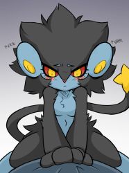 Rule 34 | 1boy, 1girl, animal ears, black hair, blush, breasts, clothed male nude female, colored sclera, creatures (company), english text, furry, game freak, gen 4 pokemon, gradient background, highres, luxray, navel, nintendo, nude, personification, pokemon, pokemon (creature), pov, rakkuguy, red sclera, simple background, small breasts, straddling, tail, yellow eyes
