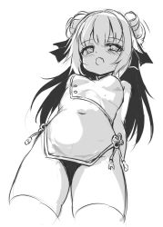Rule 34 | 1girl, bare arms, bare shoulders, blush, breasts, china dress, chinese clothes, covered navel, double bun, dress, fang, from below, greyscale, hair bun, hair ribbon, long hair, monochrome, open mouth, original, pants, ribbon, simple background, sleeveless, sleeveless dress, small breasts, solo, thighhighs, unname, very long hair, white background