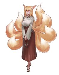Rule 34 | 1girl, absurdres, animal ear fluff, animal ears, bag, blonde hair, breasts, commentary, commission, english commentary, fox ears, fox girl, fox tail, full body, hair between eyes, high-waist skirt, highres, kitsune, large breasts, less, long hair, long skirt, long sleeves, looking at viewer, multiple tails, orange eyes, original, parted lips, pleated skirt, red skirt, sandals, shirt, simple background, skirt, solo, standing, tail, v arms, white background, white shirt, wide sleeves