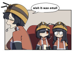 Rule 34 | 4koma, activity ant (gomulgong), ant girl, antennae, black gloves, black hair, border, closed eyes, comic, cup, english text, glasses, glasses ant (gomulgong), gloves, gomulgong, hair over one eye, helmet, holding, holding cup, no mouth, original, outline, red eyes, shadow, speech bubble, tired ant (gomulgong), white border, white outline