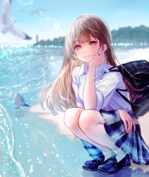 Rule 34 | 1girl, :d, backpack, bag, bare legs, beach, bird, blue skirt, blurry, blurry background, bokeh, brown hair, collared shirt, commentary request, depth of field, eyelashes, forehead, forest, frilled skirt, frills, full body, hair between eyes, hand on own face, highres, ito lab, lighthouse, long hair, looking at viewer, multicolored hair, nature, ocean, open mouth, original, outdoors, plaid, plaid skirt, pleated skirt, purple hair, red hair, sand, school uniform, seagull, shirt, shoes, skirt, smile, socks, solo, squatting, tree, uniform, water, waves, white shirt