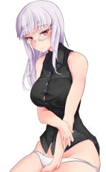 Rule 34 | 1girl, blush, breasts, commentary request, glasses, heidimarie w. schnaufer, highres, large breasts, long hair, panties, pondo (peng-model), red eyes, shirt, sleeveless, sleeveless shirt, solo, strike witches, underwear, white hair, world witches series