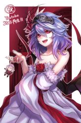 Rule 34 | 1girl, :d, adapted costume, bare shoulders, bat wings, blue hair, border, collarbone, commentary request, cowboy shot, detached sleeves, dress, fang, flower, fur-trimmed sleeves, fur trim, gradient hair, hair between eyes, hair ribbon, hand up, izayoi sakuya, charm (object), long sleeves, looking at viewer, multicolored hair, no headwear, o o, open mouth, outside border, purple hair, re (re 09), red eyes, red flower, red ribbon, red rose, remilia scarlet, ribbon, rose, short hair, smile, solo, standing, strapless, strapless dress, touhou, translation request, white border, white dress, wide sleeves, wings