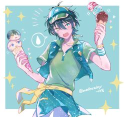 Rule 34 | 1boy, aqua eyes, bow, bowtie, bracelet, collared shirt, commentary, cowboy shot, ensemble stars!, green shirt, grey hair, hair between eyes, hat, heart, heterochromia, highres, holding food, holding ice cream, ice cream, itsuki shu, jewelry, kagehira mika, male focus, necklace, open mouth, pink hair, purple eyes, shirt, short hair, solo, star (symbol), symbol-only commentary, teeth, twitter username, upper teeth only, wednesday 108, wristband, yellow bow, yellow bowtie, yellow eyes