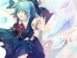 Rule 34 | 1girl, bad id, bad pixiv id, blue hair, cirno, dress, female focus, open mouth, outstretched arms, ren (pixiv), ribbon, short hair, smile, solo, spread arms, embodiment of scarlet devil, touhou, wings