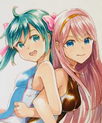 Rule 34 | 2girls, aqua hair, back-to-back, blue eyes, bow, clenched hand, closed mouth, commentary, competition swimsuit, exercising, from side, hair bow, hairband, hatsune miku, highres, leaning forward, locked arms, long hair, looking at another, looking at viewer, mayo riyo, megurine luka, multiple girls, one-piece swimsuit, open mouth, pink bow, pink hair, shirt, sleeveless, sleeveless shirt, smile, swimsuit, twintails, upper body, vocaloid