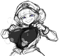 Rule 34 | 1girl, blue eyes, breasts, covered erect nipples, greyscale, heart, heart-shaped pupils, heavy breathing, jacket, kawashiro nitori, large breasts, monochrome, open clothes, open jacket, open shirt, shirt, simple background, skin tight, solo, spacezin, spot color, symbol-shaped pupils, touhou, turtleneck, undressing
