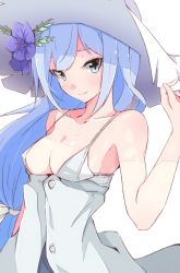 Rule 34 | 10s, 1girl, blue eyes, blue hair, breasts, dress, enelis, flower, hair flower, hair ornament, hat, highres, idolmaster, idolmaster million live!, idolmaster million live! theater days, long hair, looking at viewer, low-tied long hair, medium breasts, revealing clothes, shiraishi tsumugi, smile, solo, strap gap, sun hat, sundress, tsurime, very long hair, white background