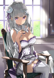 Rule 34 | 1girl, absurdres, backlighting, bare shoulders, blunt bangs, blush, braid, breasts, chair, cleavage, closed mouth, crown braid, day, detached collar, detached sleeves, dress, emilia (re:zero), feet out of frame, flower, hair ornament, hairclip, hand on own chest, highres, indoors, large breasts, layered dress, long hair, long sleeves, looking at viewer, panties, purple eyes, re:zero kara hajimeru isekai seikatsu, rose, silver hair, sitting, smile, solo, strapless, strapless dress, sunlight, table, thighhighs, tomura2maru, underwear, very long hair, white flower, white panties, white rose, white thighhighs, wide sleeves, window, zettai ryouiki