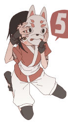 Rule 34 | 1girl, absurdres, arm up, black footwear, black gloves, black hair, black legwear, blush, brown eyes, commentary request, fingerless gloves, fishnets, fox mask, full body, gloves, hand up, highres, holding, holding mask, japanese clothes, kimono, kunoichi tsubaki no mune no uchi, legs, looking at viewer, mask, official art, puffy shorts, red kimono, rindou (kunoichi tsubaki no mune no uchi), seiza, shoe soles, short sleeves, shorts, simple background, sitting, solo, white background, white shorts, yamamoto souichirou