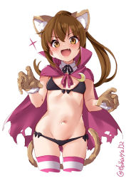 Rule 34 | 1girl, :d, animal ears, black bra, black panties, blush, bra, brown eyes, brown gloves, brown hair, cape, crescent moon, cropped legs, ebifurya, fang, fumizuki (kancolle), gloves, groin, hair between eyes, halloween, halloween costume, highres, kantai collection, long hair, moon, navel, open mouth, panties, ponytail, purple cape, simple background, smile, solo, striped clothes, striped thighhighs, tail, thighhighs, torn cape, torn clothes, twitter username, underwear, v-shaped eyebrows, white background