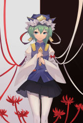 Rule 34 | absurdres, asymmetrical hair, black skirt, blouse, bow, enma (mythology), flower, green eyes, green hair, highres, long sleeves, looking at viewer, red ribbon, ribbon, rod of remorse, shiki eiki, shirt, skirt, spider lily, thighhighs, touhou, two-tone background, vest, white ribbon, wide sleeves, yongzhe mei hong