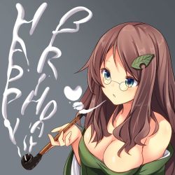 Rule 34 | 1girl, :o, alternate hair length, alternate hairstyle, aqua eyes, bare shoulders, blush, breasts, brown hair, cleavage, dress, english text, futatsuiwa mamizou, futatsuiwa mamizou (human), glasses, gradient background, green dress, hair ornament, happy birthday, heart, kiseru, large breasts, leaf hair ornament, long sleeves, looking away, off-shoulder dress, off shoulder, oimo (imoyoukan), pince-nez, smoke, smoking pipe, solo, strapless, strapless dress, touhou, upper body, wide sleeves