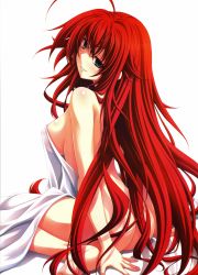 Rule 34 | 10s, 1girl, absurdres, ahoge, ass, bed sheet, blue eyes, breasts, high school dxd, highres, large breasts, legs, long hair, looking back, miyama-zero, naked sheet, nude, red hair, rias gremory, sitting, solo, thighs, very long hair, wariza