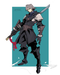 Rule 34 | 1boy, absurdres, aged down, armor, black footwear, black gloves, black jacket, black pants, blue sweater, border, closed mouth, commentary, english commentary, final fantasy, final fantasy vii, final fantasy vii ever crisis, full body, gloves, grey hair, highres, holding, holding sword, holding weapon, jacket, looking at viewer, male focus, outside border, pants, projectdivider, ribbed sweater, sephiroth, short hair, shoulder armor, standing, sweater, sword, turtleneck, turtleneck sweater, weapon, white border