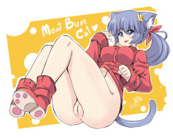 Rule 34 | 1girl, :p, animal ears, anus, ass, baozi, blue eyes, boots, bottomless, breasts, butter-t, cat ears, cat girl, cat tail, female focus, food, hair ornament, hair ribbon, hairclip, impossible clothes, large breasts, long hair, looking at viewer, navel, original, ponytail, purple hair, pussy, ribbon, solo, tail, tongue, tongue out, uncensored
