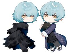 Rule 34 | 2girls, angela (project moon), black dress, black feathers, black skirt, blue coat, blue hair, book, chibi, coat, dress, dual persona, feather-trimmed dress, feathers, highres, holding, holding book, library of ruina, long sleeves, medium hair, multiple girls, project moon, shanhujiao, short hair, simple background, skirt, white background, yellow eyes
