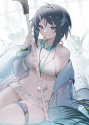 Rule 34 | 1girl, absurdres, ahoge, arknights, bad id, bad pixiv id, bare shoulders, bikini, bikini skirt, black hair, blurry, blurry background, breasts, cleavage, commentary, feather hair, goggles, goggles around neck, highres, holding, jacket, la pluma (arknights), la pluma (summer flowers) (arknights), lanyard, large breasts, long sleeves, looking at viewer, mouth hold, navel, official alternate costume, open clothes, open jacket, parted bangs, shibuya (kurokamishain), short hair, solo, string bikini, swimsuit, thigh strap, thighs, water, whistle, white bikini