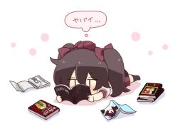 Rule 34 | 1girl, black skirt, black thighhighs, blush, book, book stack, bow, chibi, colored shadow, commentary request, death note (object), full body, hair between eyes, hair bow, hat, himekaidou hatate, holding, holding book, lying, mini hat, no shoes, on stomach, open book, puffy short sleeves, puffy sleeves, purple bow, purple hat, shadow, shirt, short sleeves, simple background, skirt, solo, thighhighs, tokin hat, totoharu (kujirai minato), touhou, translation request, white background, white shirt