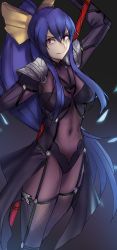 Rule 34 | &gt;:), 1girl, antenna hair, arm up, armor, blazblue, blazblue variable heart, blue hair, bodysuit, bow, breasts, cosplay, covered navel, fate/grand order, fate (series), gae bolg (fate), genderswap, genderswap (mtf), hair between eyes, hair bow, holding, holding weapon, large breasts, long hair, looking to the side, mai natsume, pauldrons, polearm, ponytail, purple bodysuit, red eyes, ribbon, ryairyai, scathach (fate), scathach (fate) (cosplay), scathach (fate), shoulder armor, shoulder pads, sidelocks, skin tight, smile, solo, spear, standing, v-shaped eyebrows, very long hair, weapon, yellow bow