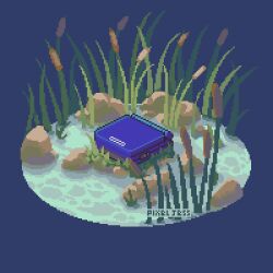 Rule 34 | animated, animated gif, blue background, diorama, game boy advance, game boy advance sp, handheld game console, highres, isometric, nintendo, no humans, pixel art, pixel jess, plant, simple background, still life