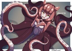 Rule 34 | 1girl, absurdres, artist name, breasts, colored skin, fangs, full body, grey background, hair between eyes, hands up, highres, horizontal pupils, long hair, looking at viewer, monster girl, nude, open mouth, original, own hands together, red hair, red skin, scylla, sharp teeth, simple background, small breasts, solo, suction cups, teeth, tentacle hair, tentacles, toipokun oyashi, twitter username, yellow eyes