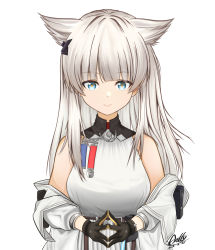 Rule 34 | 1girl, animal ears, anlly, arknights, arknights: endfield, bare shoulders, black gloves, blue eyes, breasts, closed mouth, dress, gloves, grey hair, highres, jacket, long hair, long sleeves, looking at viewer, medium breasts, off shoulder, open clothes, open jacket, perlica (arknights), puffy long sleeves, puffy sleeves, simple background, sleeveless, sleeveless dress, smile, solo, steepled fingers, upper body, very long hair, white background, white dress, white jacket