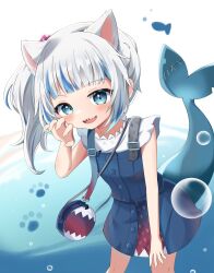 Rule 34 | 1girl, absurdres, animal ears, blue eyes, blue hair, fins, fish tail, gawr gura, gawr gura (casual), hair ornament, highres, hololive, hololive english, multicolored hair, open mouth, sharp teeth, side ponytail, snmdx, streaked hair, tail, teeth, virtual youtuber, white hair