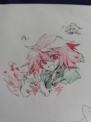 Rule 34 | 2others, androgynous, ballpoint pen (medium), black footwear, collared shirt, green jacket, hair between eyes, heart, heart hands, highres, jacket, len&#039;en, ling s, multiple others, no nose, open clothes, open jacket, open mouth, other focus, red eyes, red hair, shirt, shitodo aoji, shitodo hooaka, short hair, smile, traditional media, translation request