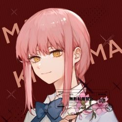 Rule 34 | 1girl, braid, braided ponytail, branch, breasts, chainsaw man, character name, collared shirt, commentary request, dotted background, english text, etiv, flower, formal, holding, holding branch, looking at viewer, makima (chainsaw man), medium hair, pink flower, pink hair, red background, ringed eyes, shirt, sidelocks, simple background, smile, solo, sparkle background, suit, ticket, translation request, white shirt, yellow eyes