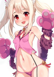 Rule 34 | 1girl, animal hands, bell, blonde hair, breasts, cat paws, cosplay, fate/grand order, fate/kaleid liner prisma illya, fate (series), gloves, illyasviel von einzbern, jingle bell, looking at viewer, miyu edelfelt, miyu edelfelt (cosplay), open mouth, pan korokorosuke, panties, paw gloves, paw shoes, pink panties, pink vest, red eyes, shiny skin, simple background, small breasts, smile, solo, standing, twintails, underwear, vest, white background