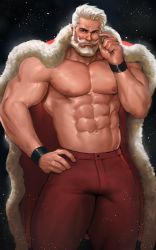 Rule 34 | 1boy, abs, bara, beard, bulge, cape, christmas, dopey (dopq), facial hair, feet out of frame, fur-trimmed cape, fur trim, glasses, highres, large pectorals, male focus, mature male, muscular, muscular male, mustache, navel, nipples, old, old man, original, pants, pectorals, red pants, rimless eyewear, round eyewear, santa costume, short hair, solo, stomach, thick eyebrows, thick thighs, thighs, topless male, white hair