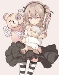 Rule 34 | 10s, 1girl, bandages, blush, boko (girls und panzer), brown eyes, brown hair, girls und panzer, hair ribbon, hairband, long hair, long sleeves, looking at viewer, open mouth, ribbon, shimada arisu, shirt, shuuichi (gothics), skirt, solo, striped clothes, striped legwear, striped thighhighs, stuffed animal, stuffed toy, teddy bear, thighhighs, twintails