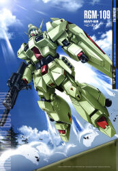 Rule 34 | absurdres, anime coloring, arisawa hiroshi, arm shield, arms at sides, assault visor, beam rifle, blue sky, character name, clenched hand, cloud, day, energy gun, exhaust, flying, full body, gun, gundam, gundam f91, heavygun, highres, holding, holding gun, holding weapon, mecha, mecha focus, mobile suit, no humans, robot, scan, science fiction, sky, solo, thrusters, weapon