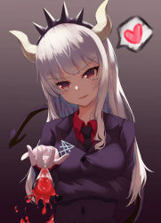 Rule 34 | 1girl, alcohol, black necktie, breasts, cup, demon girl, demon horns, demon tail, drinking glass, glass, gloves, gom bear, gradient background, heart, helltaker, highres, horns, long hair, long sleeves, looking at viewer, lucifer (helltaker), medium breasts, mole, mole under eye, necktie, red eyes, red shirt, shirt, simple background, smile, solo, spiked hair, spoken heart, tail, white gloves, white hair, white horns, wine, wine glass