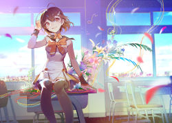 Rule 34 | 1girl, absurdres, black thighhighs, blush, brown eyes, brown hair, chair, classroom, desk, flower, goodbye, highres, long sleeves, looking at viewer, musical note, muta, open mouth, rosele, school, sitting, smile, solo, thighhighs, yan xi