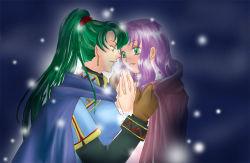 Rule 34 | 2girls, cape, cloak, earrings, eye contact, fire emblem, fire emblem: the blazing blade, florina (fire emblem), gloves, green eyes, green hair, hands together, happy, high ponytail, hug, imminent kiss, jewelry, long hair, looking at another, lyn (fire emblem), multiple girls, naughty face, nintendo, pegasus knight uniform (fire emblem), pink hair, ponytail, purple hair, smile, snow, snowing, yuri