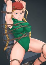 Rule 34 | 1girl, ahoge, armpits, arms up, bare shoulders, bdsm, beret, blonde hair, blue eyes, bondage, bound, braid, breasts, cammy white, chair, clenched teeth, covered erect nipples, fle en, garrison cap, green leotard, grey background, hat, highres, huge ahoge, large breasts, leotard, restrained, rope, solo, spread legs, street fighter, teeth, thighs, tied to chair, twin braids