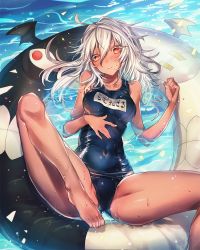 Rule 34 | 1girl, bad anatomy, barefoot, bat wings, blush, clenched teeth, dark-skinned female, dark skin, feet, guilty gear, guilty gear xrd, innertube, looking at viewer, one-piece swimsuit, oro (sumakaita), ramlethal valentine, red eyes, school swimsuit, shiny clothes, short hair, solo, spread legs, swim ring, swimsuit, teeth, thick thighs, thighs, water, wet, white hair, wings