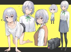 Rule 34 | 1girl, absurdres, all fours, barefoot, black pantyhose, breasts, closed eyes, cropped torso, from side, grey hair, highres, looking at viewer, multiple views, original, pantyhose, red eyes, ryou (ponpgo), school uniform, shirt, short hair, shorts, skirt, small breasts, sweater vest, t-shirt