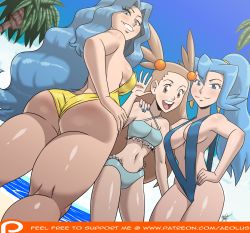 Rule 34 | 3girls, aeolus, ass, bare arms, bare shoulders, beach, bikini, blue eyes, blue hair, blush, breasts, brown hair, clair (pokemon), closed mouth, creatures (company), day, earrings, from behind, from below, game freak, hair between eyes, hair ornament, hand on own hip, highres, jasmine (pokemon), jewelry, karen (pokemon), large breasts, long hair, looking at viewer, looking back, matching hair/eyes, medium breasts, multiple girls, nail polish, navel, nintendo, ocean, open mouth, outdoors, pokemon, pokemon hgss, shiny skin, short twintails, sky, slingshot swimsuit, smile, swimsuit, teeth, tongue, twintails, upper teeth only