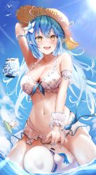Rule 34 | 1girl, :d, absurdres, arm up, bikini, blue hair, blue nails, blue sky, blush, breasts, cleavage, cloud, daifuku (yukihana lamy), day, elf, floating hair, flower, frilled bikini, frills, hair between eyes, hair flower, hair ornament, hat, highres, hololive, large breasts, lens flare, long hair, mugiusagi, nail polish, navel, open mouth, outdoors, pointy ears, resolution mismatch, sky, smile, solo, source smaller, stomach, straw hat, swimsuit, virtual youtuber, water, wet, white bikini, white flower, wrist cuffs, yellow eyes, yukihana lamy, yukimin (yukihana lamy)