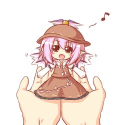 Rule 34 | 1girl, :d, animal ears, blush stickers, brown dress, brown eyes, chibi, dress, female focus, hat, in palm, kohsan , kousa (black tea), mini person, minigirl, music, musical note, mystia lorelei, open mouth, outstretched arms, pink hair, short hair, singing, smile, solo, solo focus, standing, touhou, wings