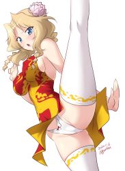 Rule 34 | 1girl, artist name, bare shoulders, blonde hair, blue eyes, blush, braid, breasts, cameltoe, chinese clothes, covered erect nipples, dated, flower, girls und panzer, hair flower, hair ornament, highres, kay (girls und panzer), kicking, incoming kick, kuzuryuu kennosuke, large breasts, looking at viewer, no bra, open mouth, panties, shiny skin, sideboob, simple background, solo, thighhighs, underwear, white background, white panties, white thighhighs